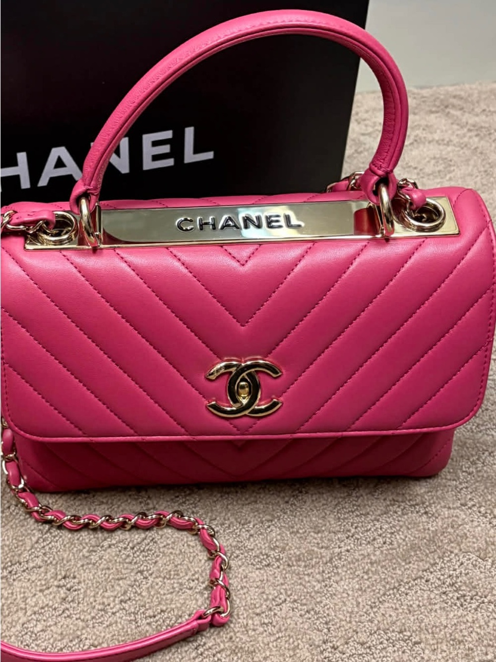 CHANEL Hot Pink Quilted Top-Handle Flap Bag with Gold Hardware